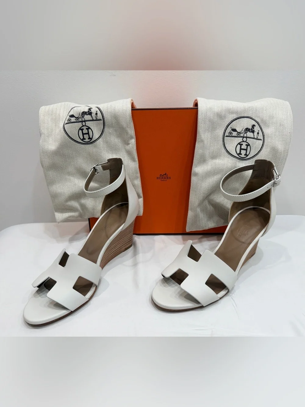 Hermes Legend Leather H Sandal Wedges - White Calfskin - Size 37 US 6.5